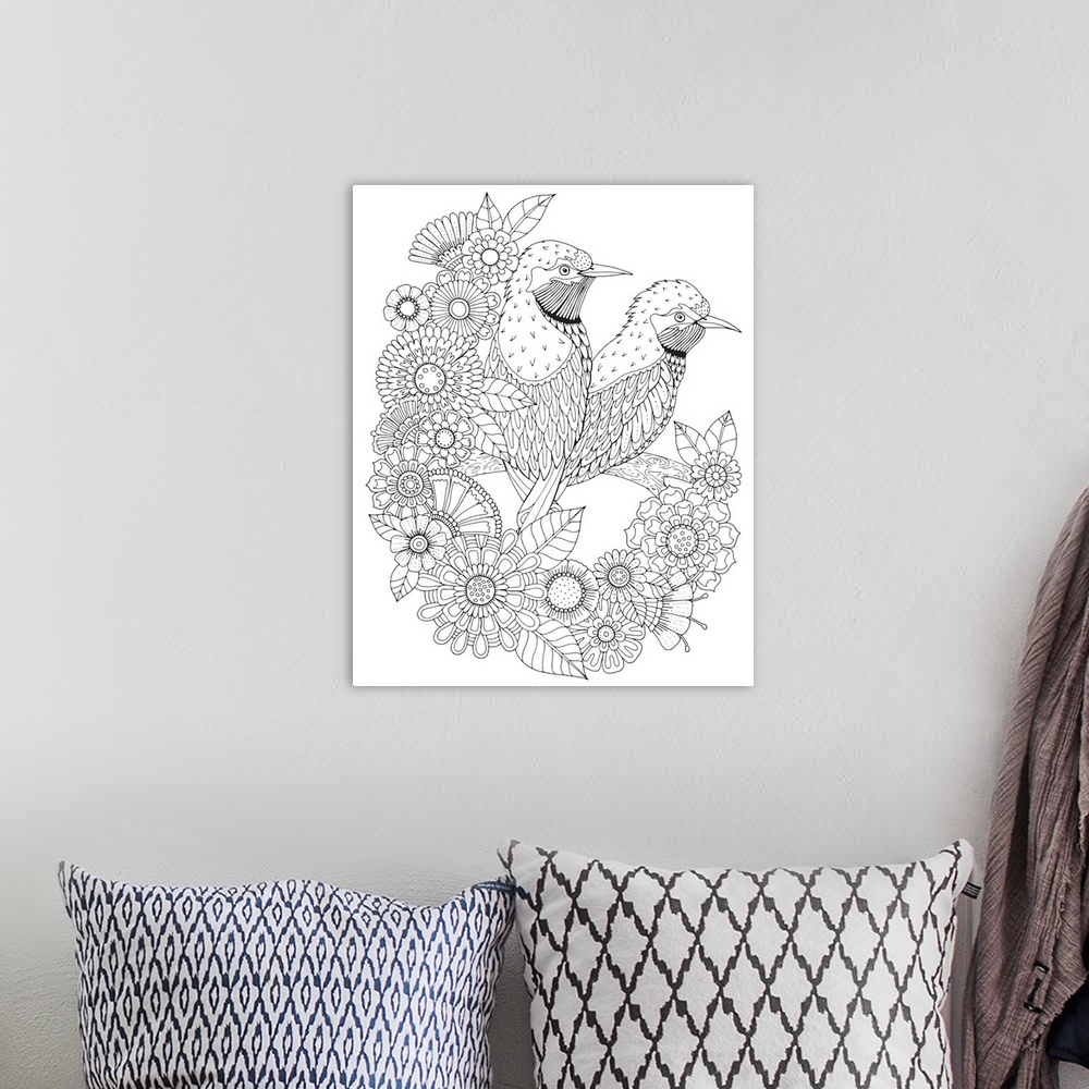 A bohemian room featuring Black and white line art of two birds perched on a branch and surrounded by flowers.