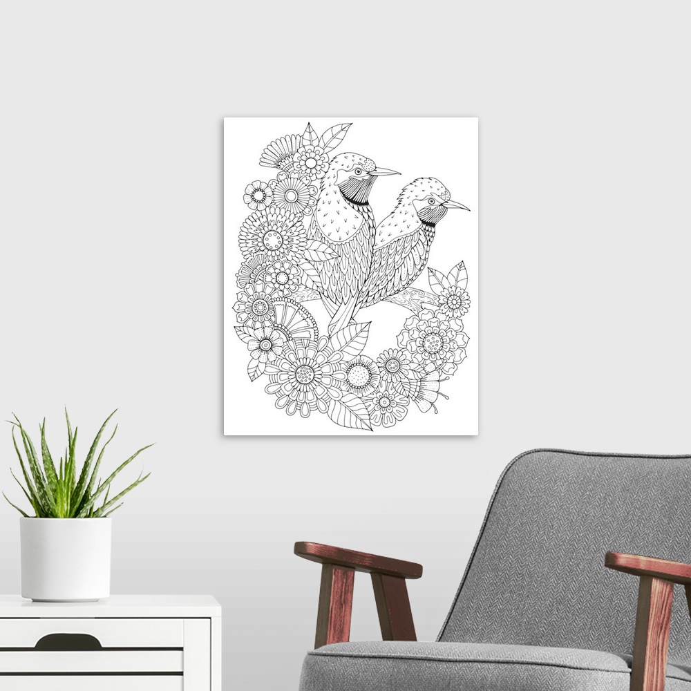 A modern room featuring Black and white line art of two birds perched on a branch and surrounded by flowers.