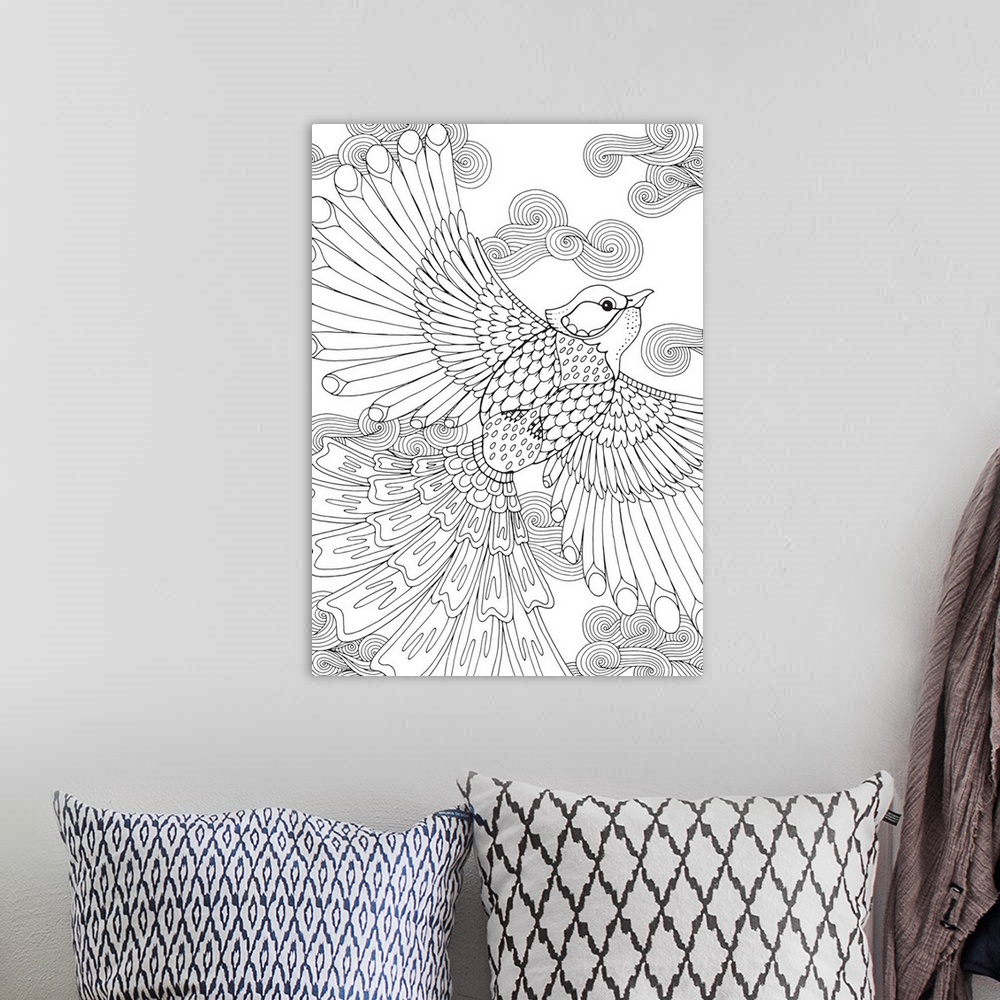 A bohemian room featuring Black and white line art of a uniquely designed bird in flight with swirly patterned clouds in th...