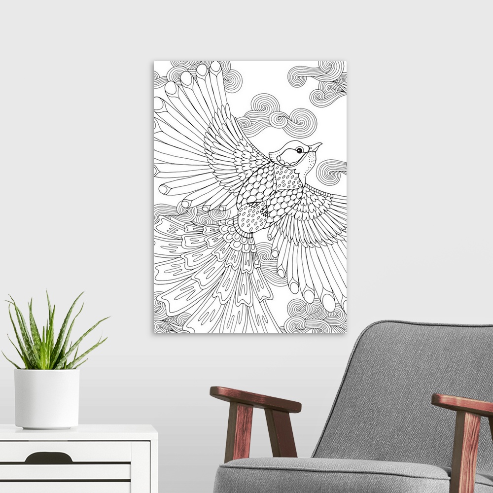A modern room featuring Black and white line art of a uniquely designed bird in flight with swirly patterned clouds in th...