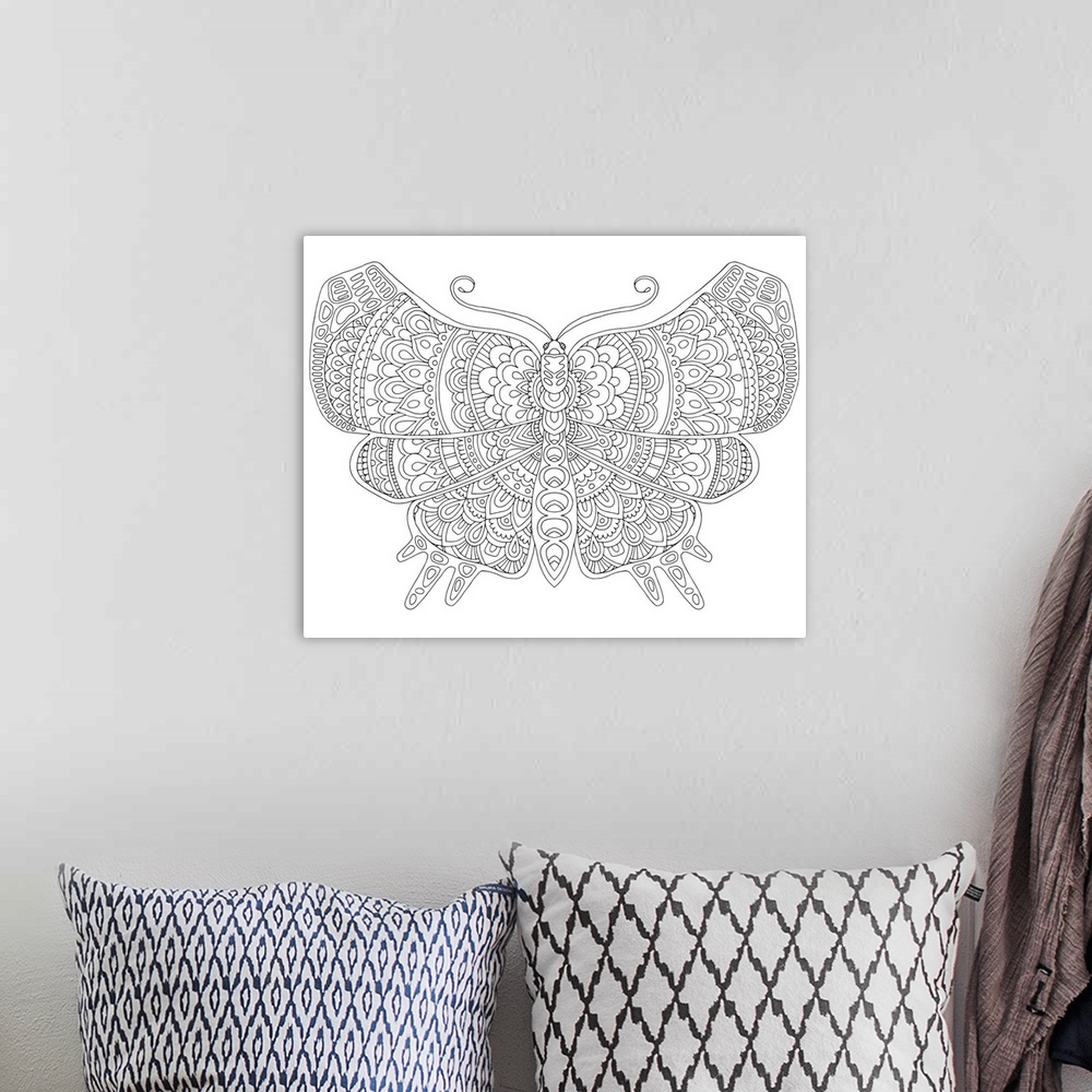 A bohemian room featuring Black and white line art of an intricately designed butterfly.
