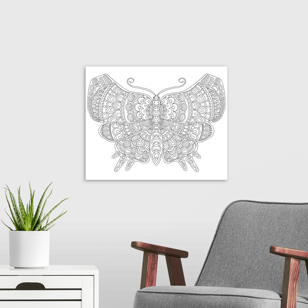 A modern room featuring Black and white line art of an intricately designed butterfly.