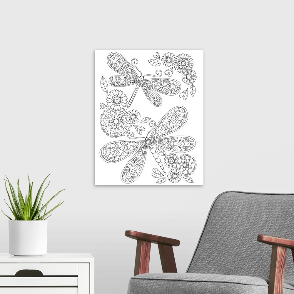 A modern room featuring Black and white line art of two intricately designed butterflies surrounded by flowers.