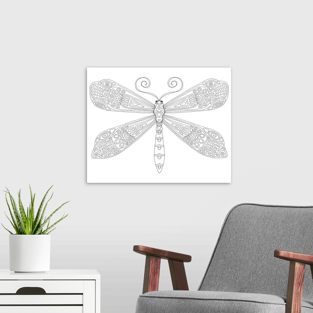 A modern room featuring Black and white line art of a uniquely designed dragonfly.