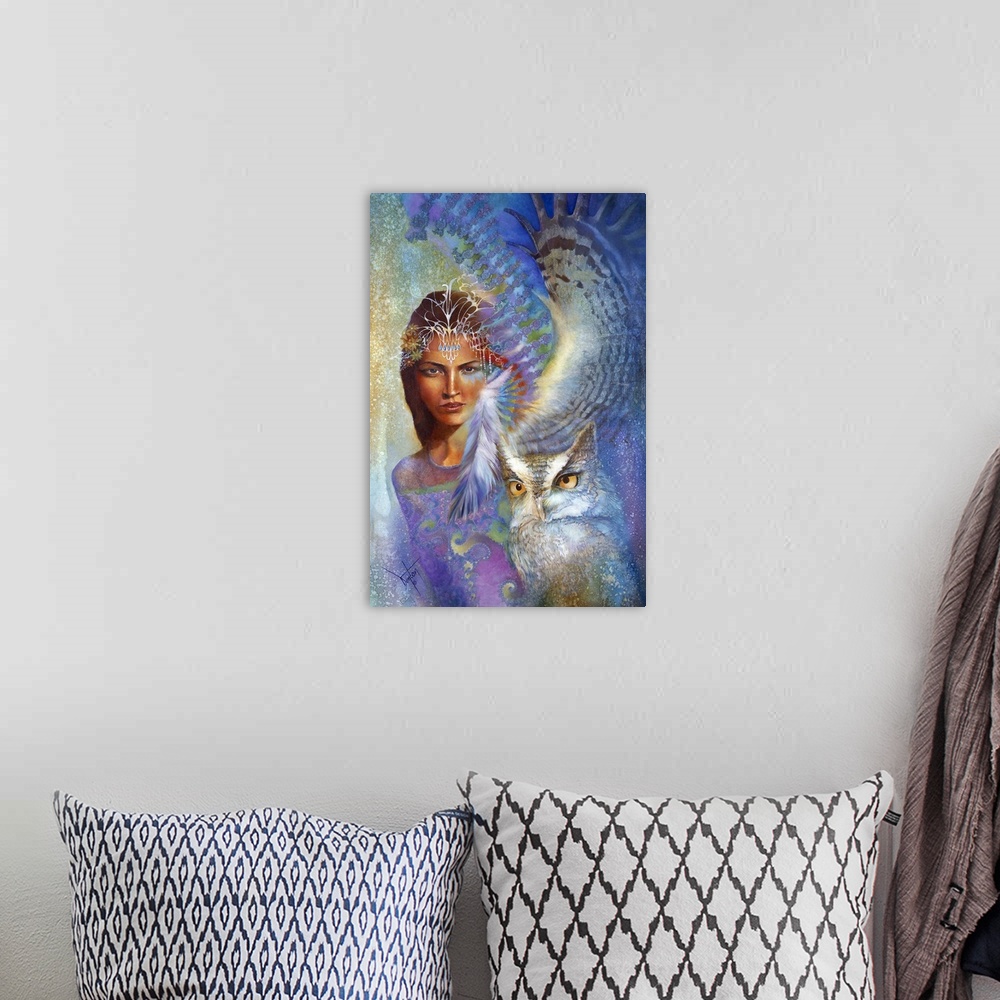 A bohemian room featuring A contemporary painting of a woman staring straight on and surrounded by colorful fractals and th...