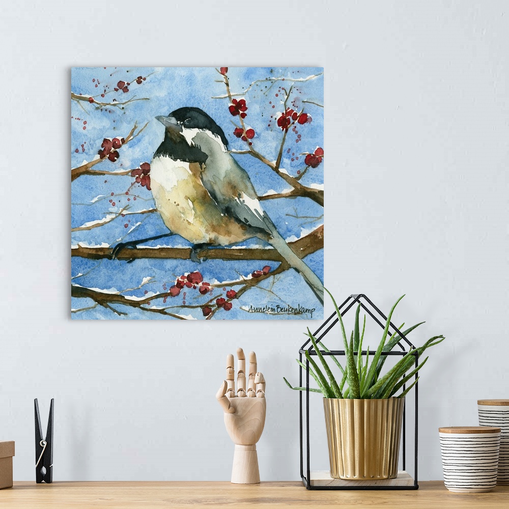 A bohemian room featuring Contemporary watercolor painting of a chickadee perched on a tree branch in the snow.