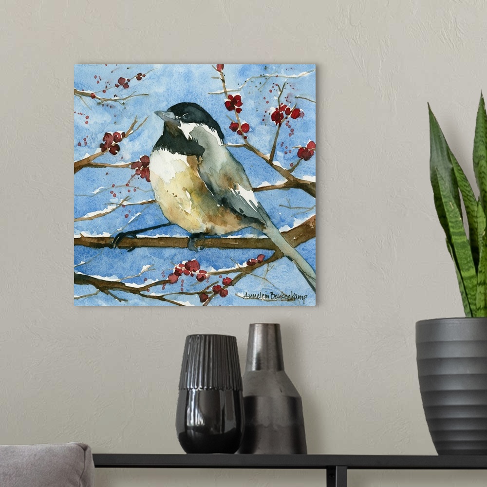 A modern room featuring Contemporary watercolor painting of a chickadee perched on a tree branch in the snow.