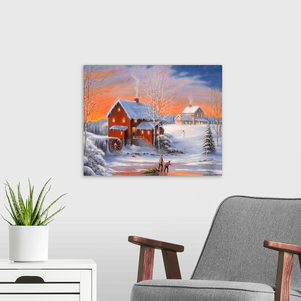 A modern room featuring Old Mill, water wheel, tree, icewinter father/son pulling Christmas tree