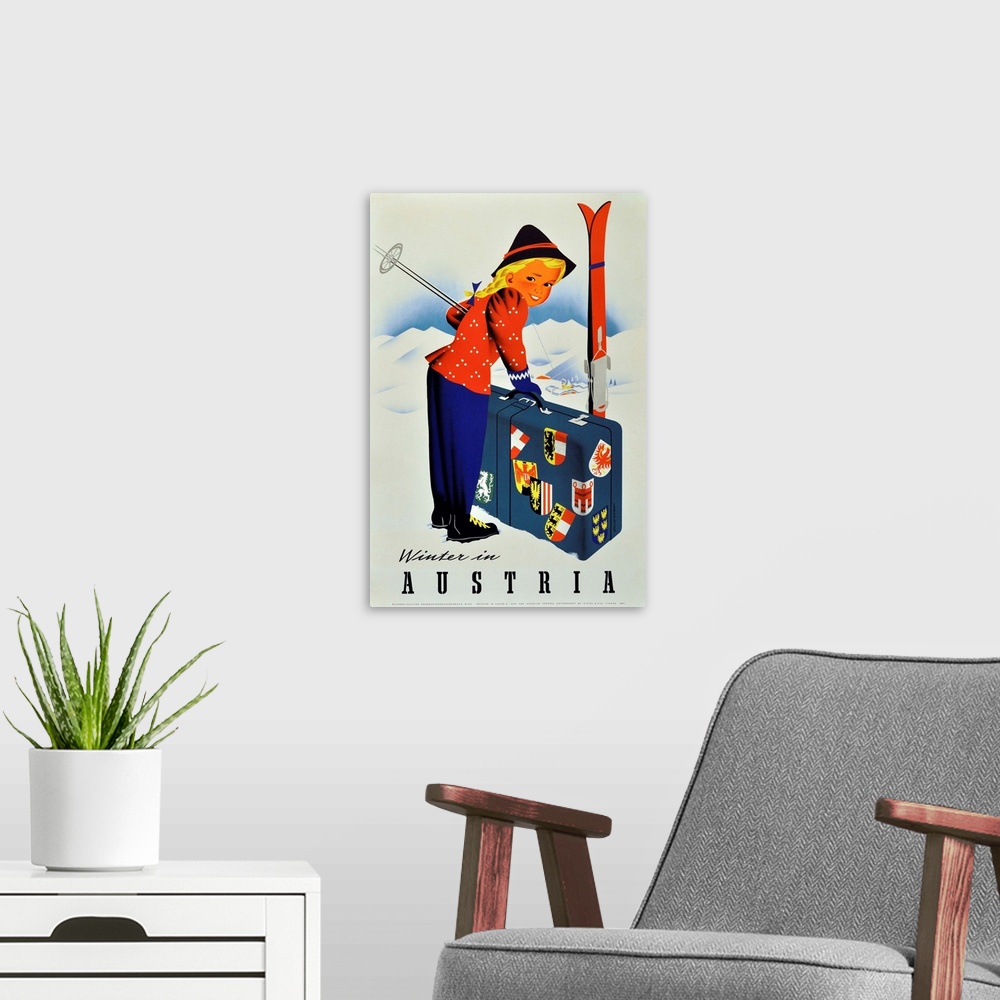A modern room featuring Vintage poster advertisement for Winter Austria.
