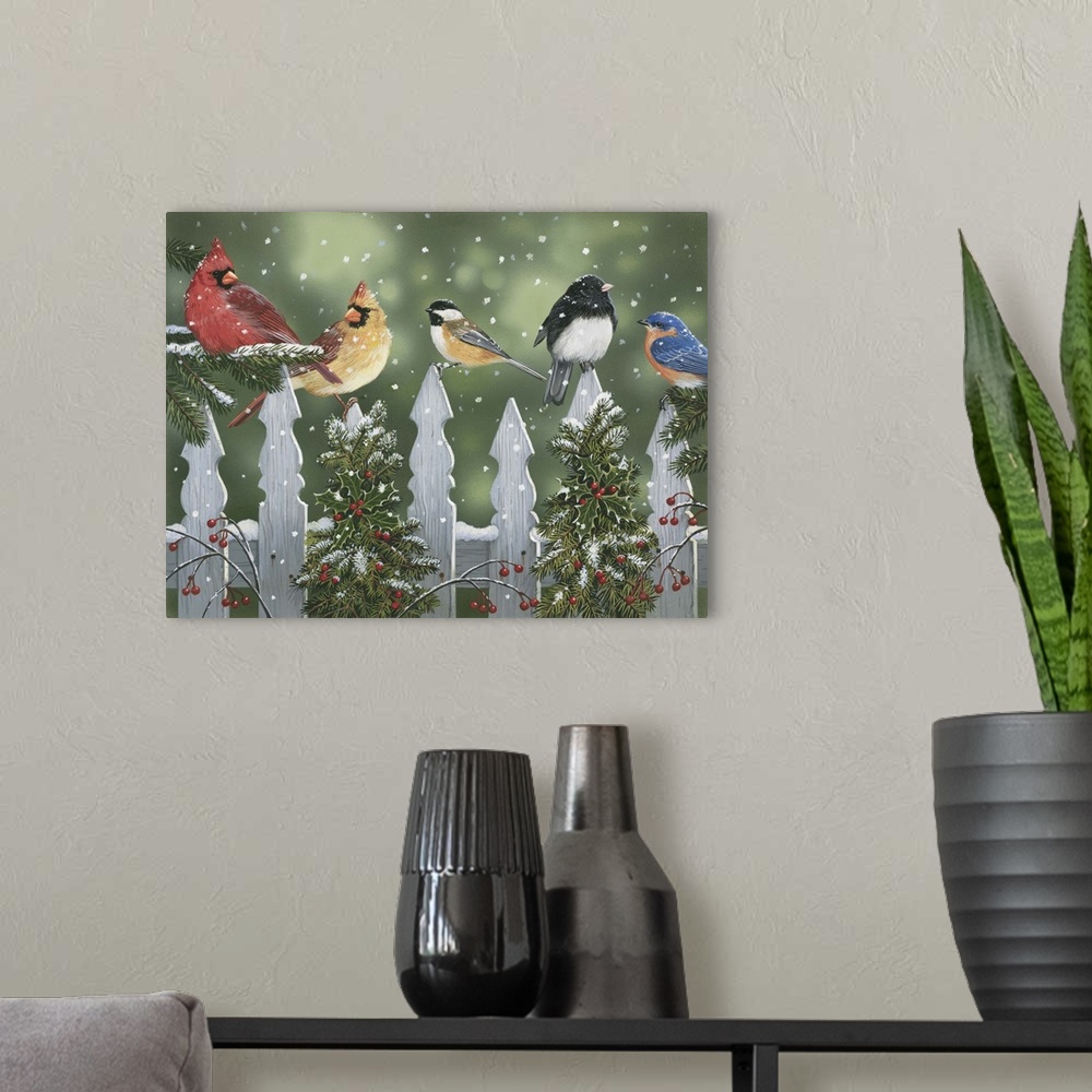 A modern room featuring Winter Birds on a Snowy Fence