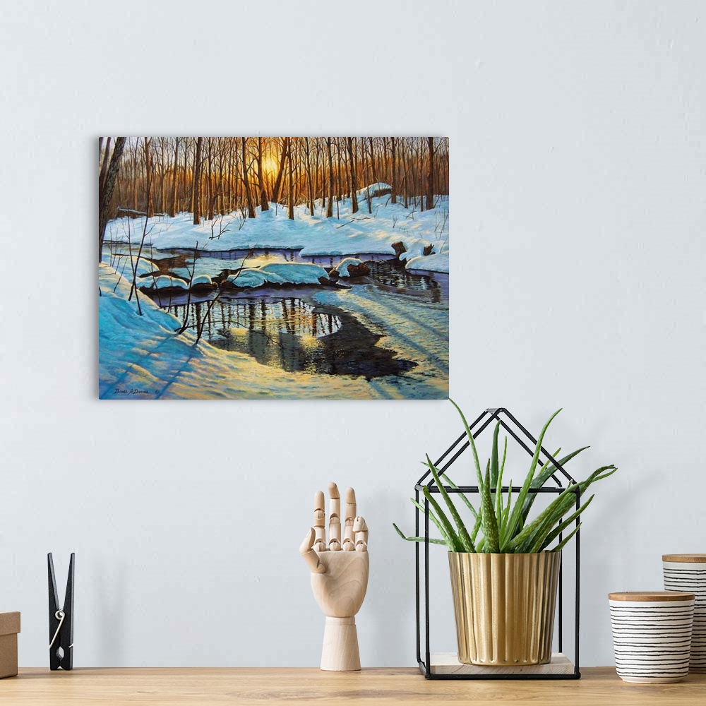 A bohemian room featuring Contemporary artwork of a Forest scene with partially frozen brook at sunset.