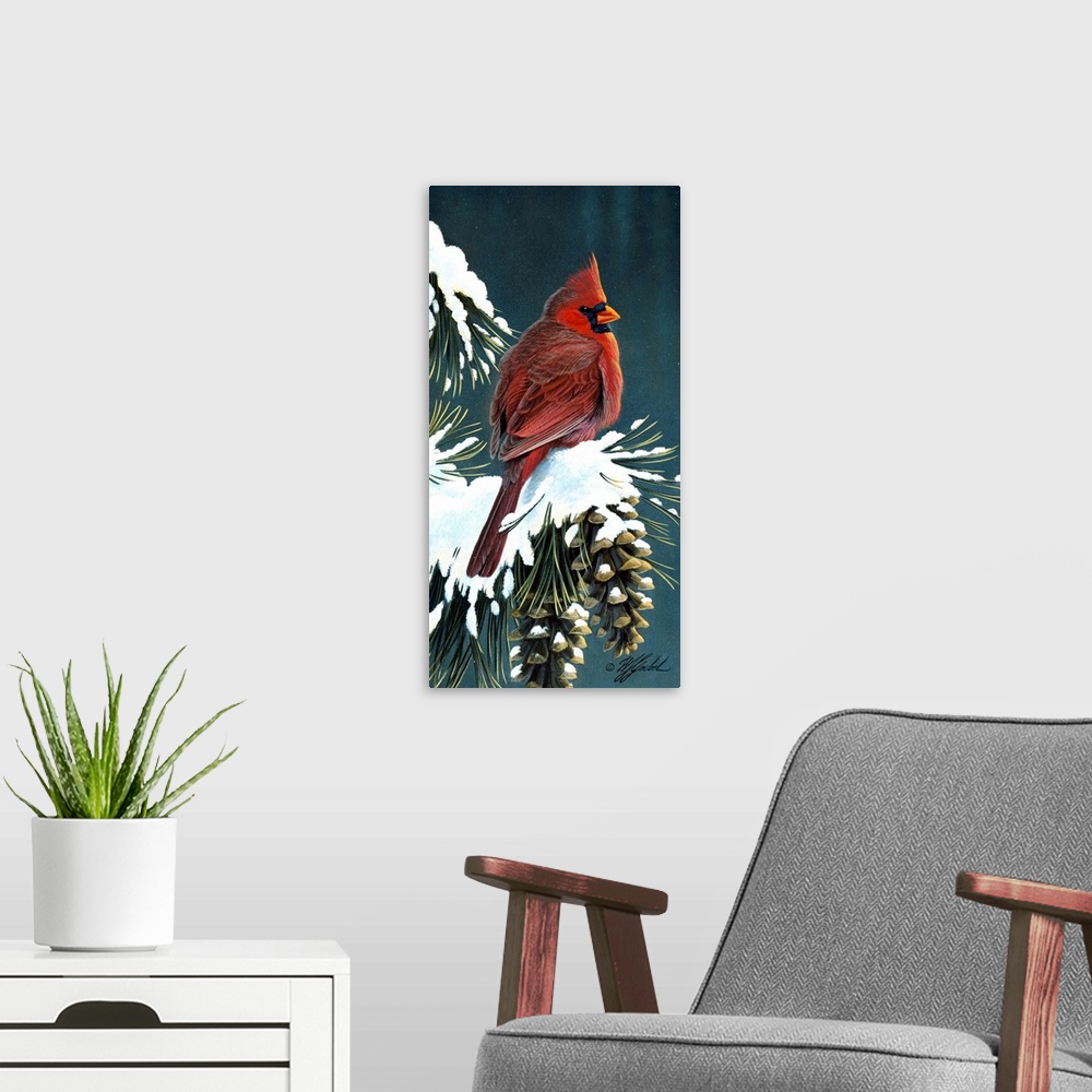 A modern room featuring Cardinal on a snowy branch.