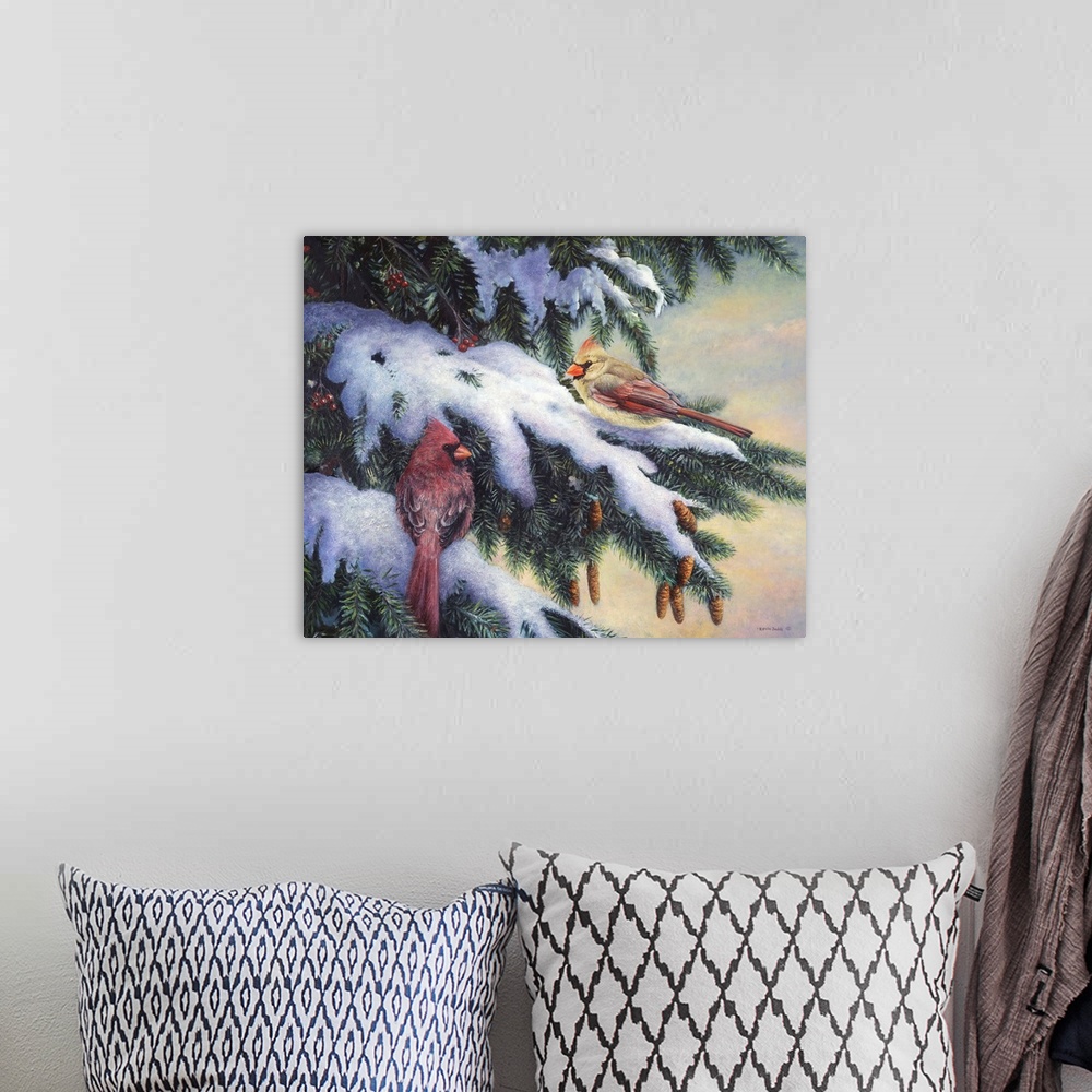 A bohemian room featuring Contemporary artwork of two cardinals on branches with snow and berries.