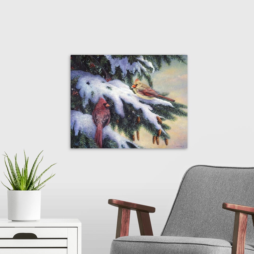 A modern room featuring Contemporary artwork of two cardinals on branches with snow and berries.