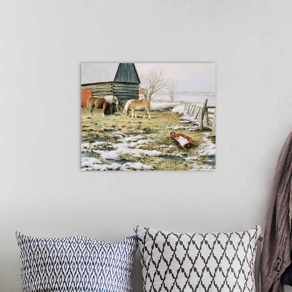 A bohemian room featuring Contemporary artwork of two ponies in a snowy corral.