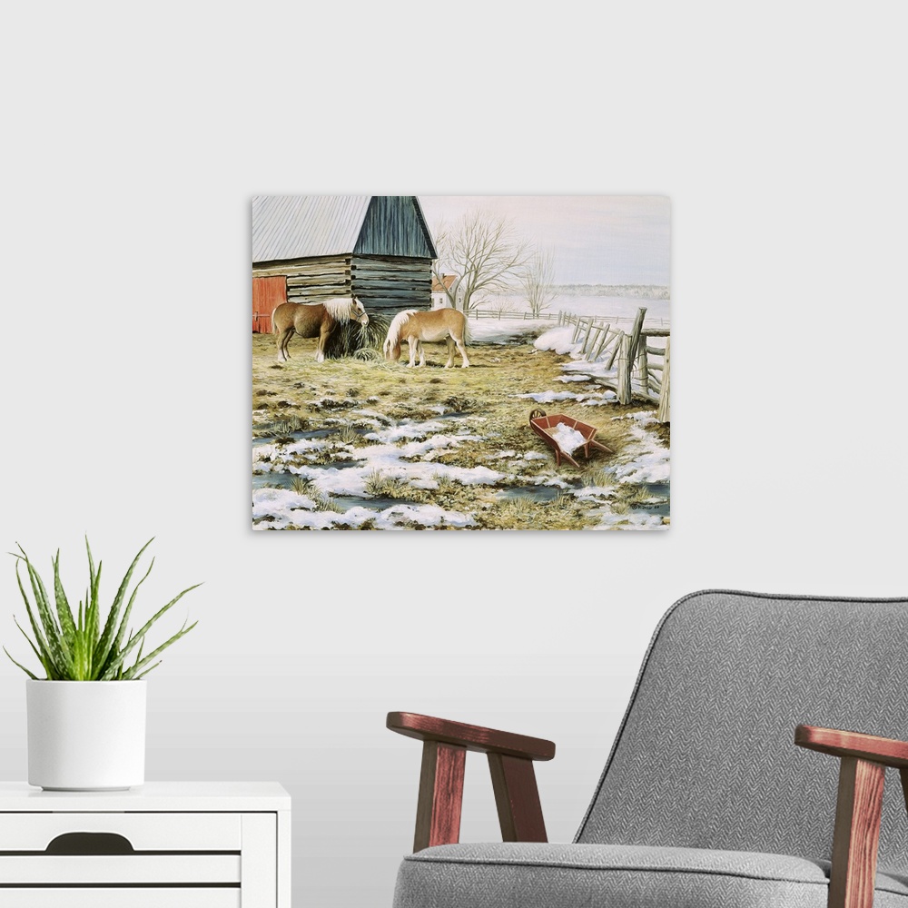 A modern room featuring Contemporary artwork of two ponies in a snowy corral.
