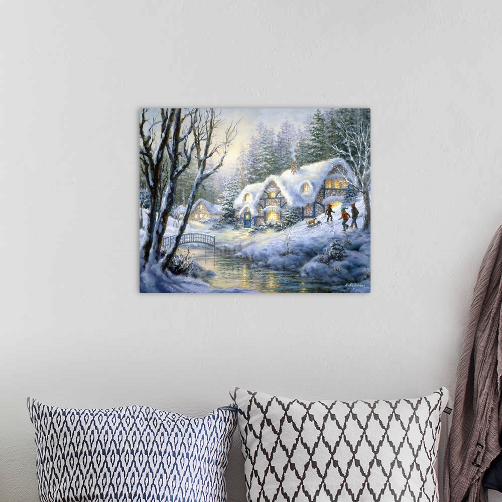 A bohemian room featuring Painting of village scene featuring a house with glowing windows. Product is a painting reproduct...
