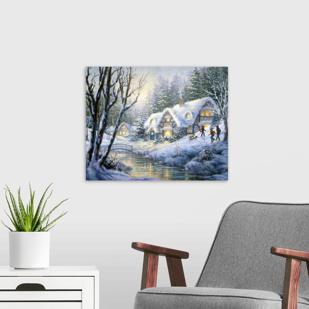 A modern room featuring Painting of village scene featuring a house with glowing windows. Product is a painting reproduct...