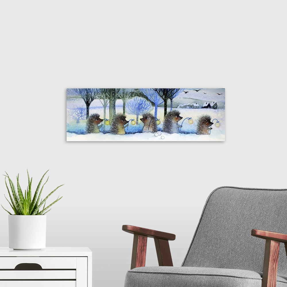 A modern room featuring Contemporary painting of five cute hedgehogs in the snow, holding lanterns.