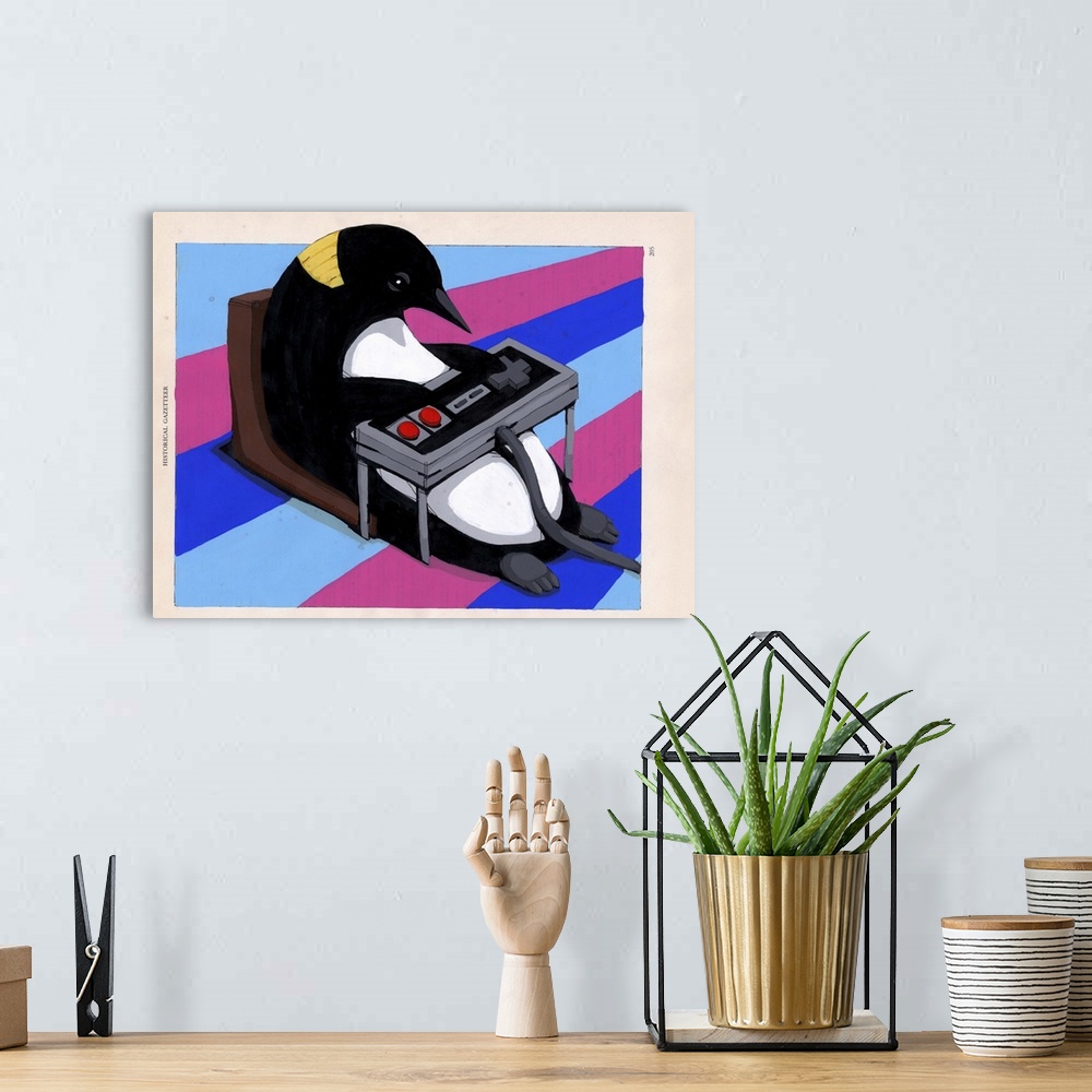 A bohemian room featuring Pop art painting of a penguin playing videogames with a large controller.