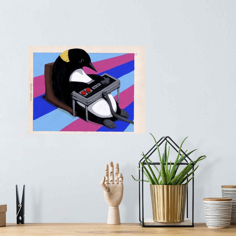 A bohemian room featuring Pop art painting of a penguin playing videogames with a large controller.