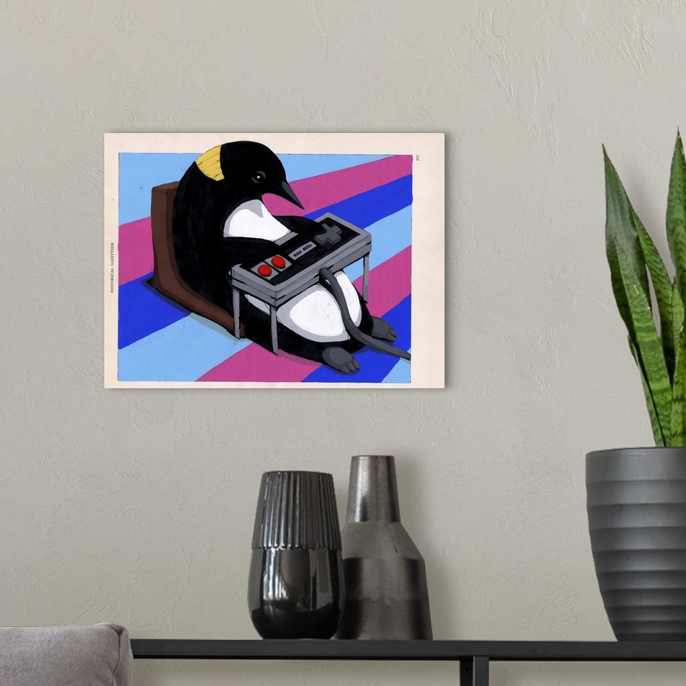 A modern room featuring Pop art painting of a penguin playing videogames with a large controller.
