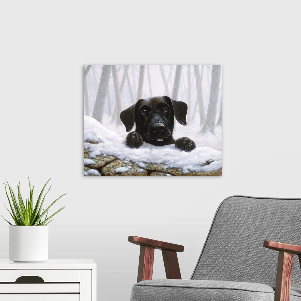 A modern room featuring Contemporary painting of a black Labrador retriever.