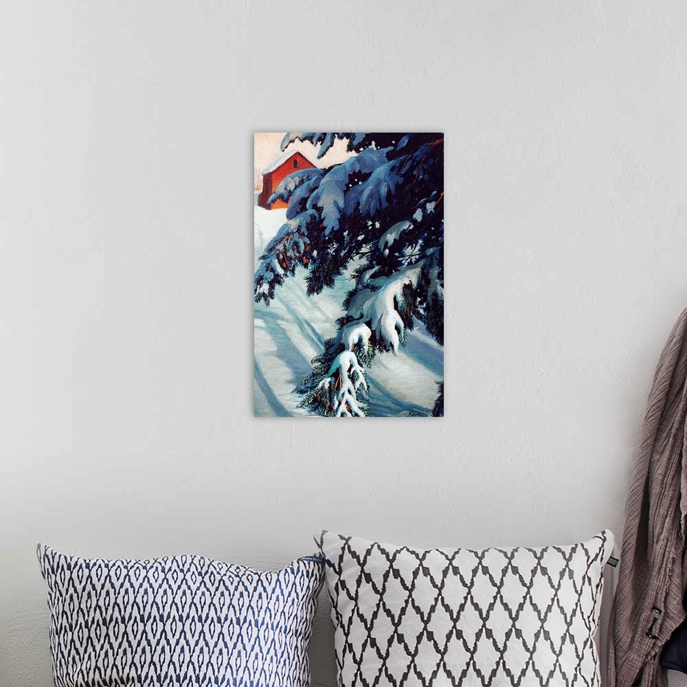 A bohemian room featuring Contemporary artwork of tree branches laden with snow in front of a barn.