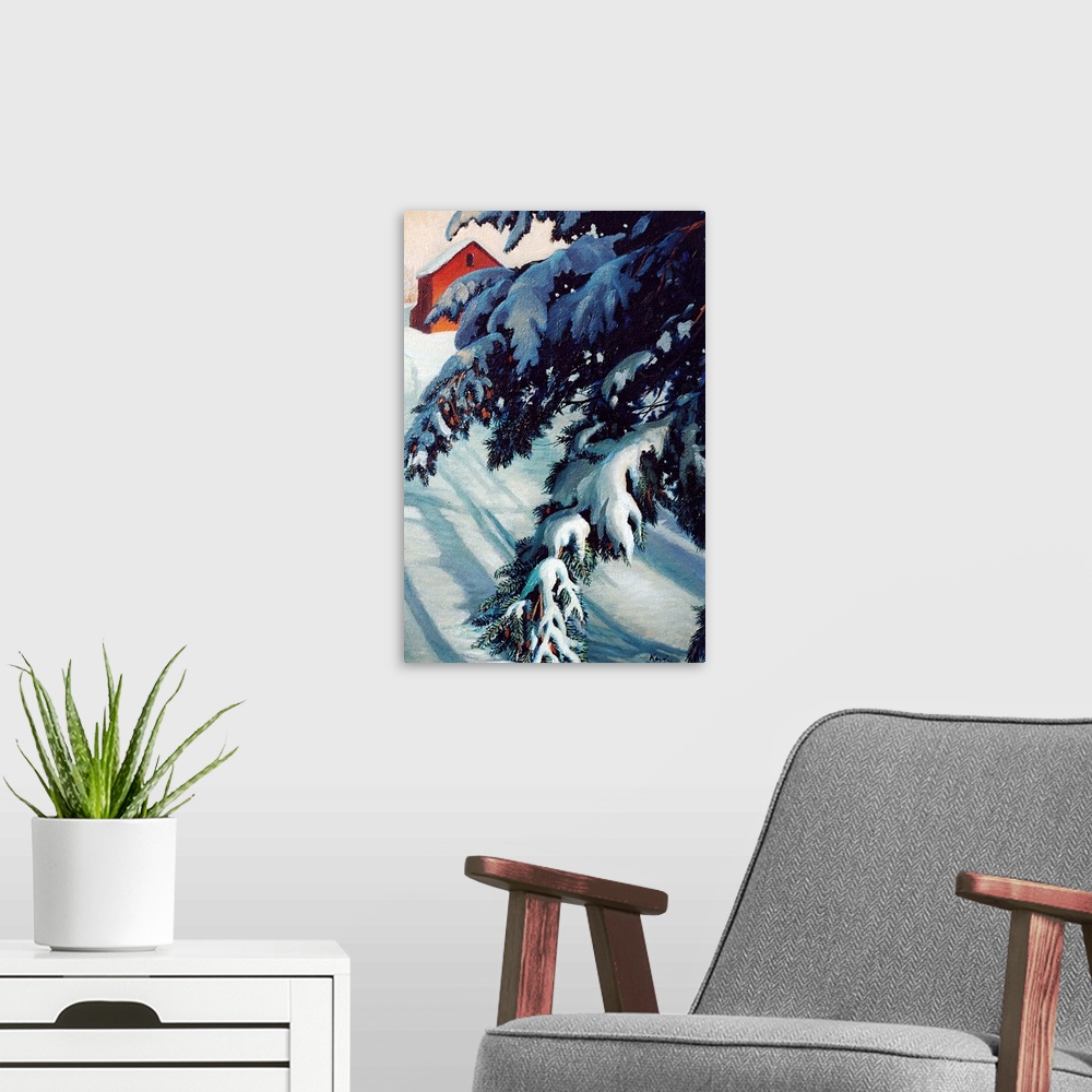A modern room featuring Contemporary artwork of tree branches laden with snow in front of a barn.