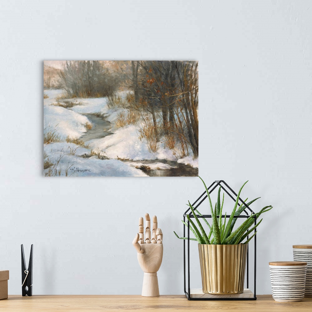 A bohemian room featuring Contemporary painting of an idyllic scene in winter.
