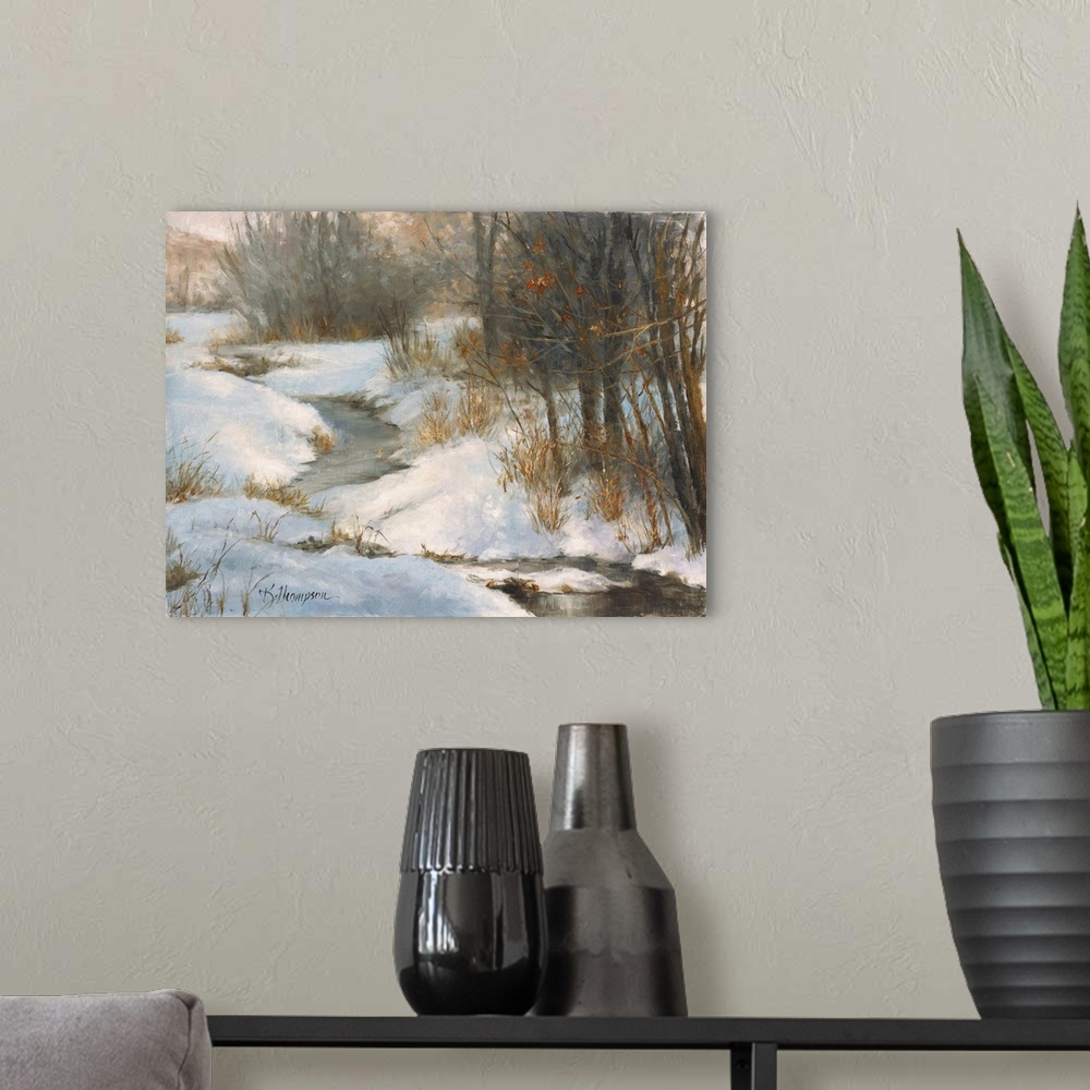 A modern room featuring Contemporary painting of an idyllic scene in winter.