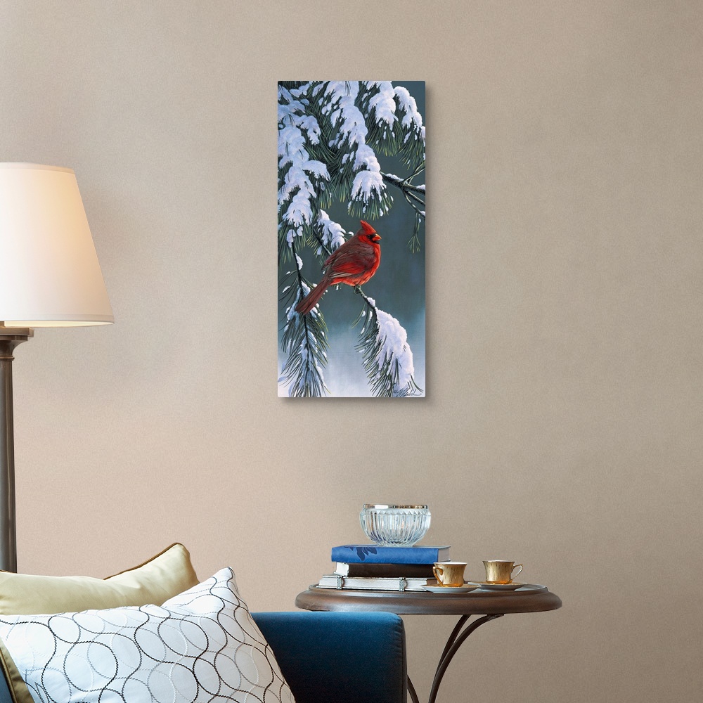 A traditional room featuring Cardinal on a snowy branch.