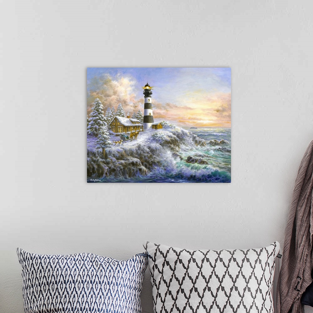 A bohemian room featuring Painting of lighthouse scene featuring glowing windows. Product is a painting reproduction only, ...