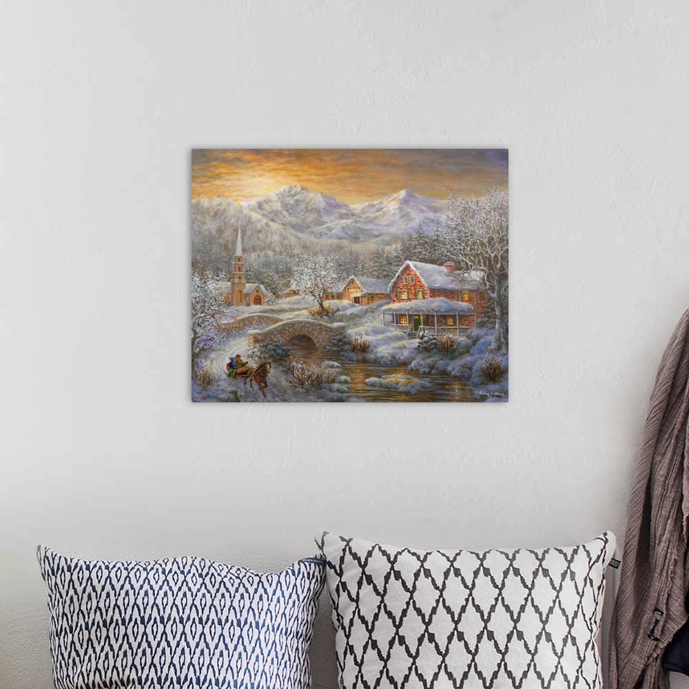 A bohemian room featuring Painting of mountain village scene featuring houses with glowing windows. Product is a painting r...