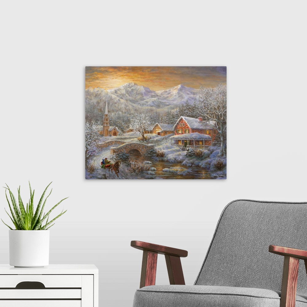 A modern room featuring Painting of mountain village scene featuring houses with glowing windows. Product is a painting r...