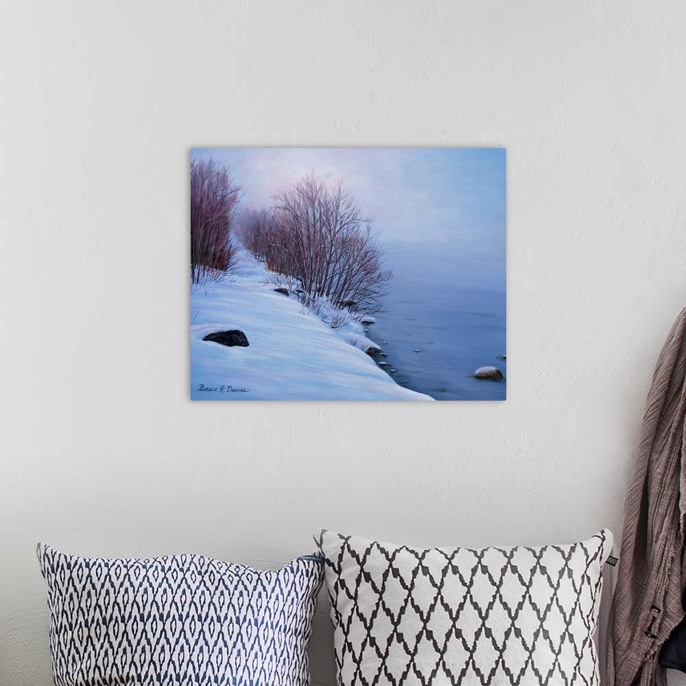 A bohemian room featuring Contemporary artwork of a winter coast scene.