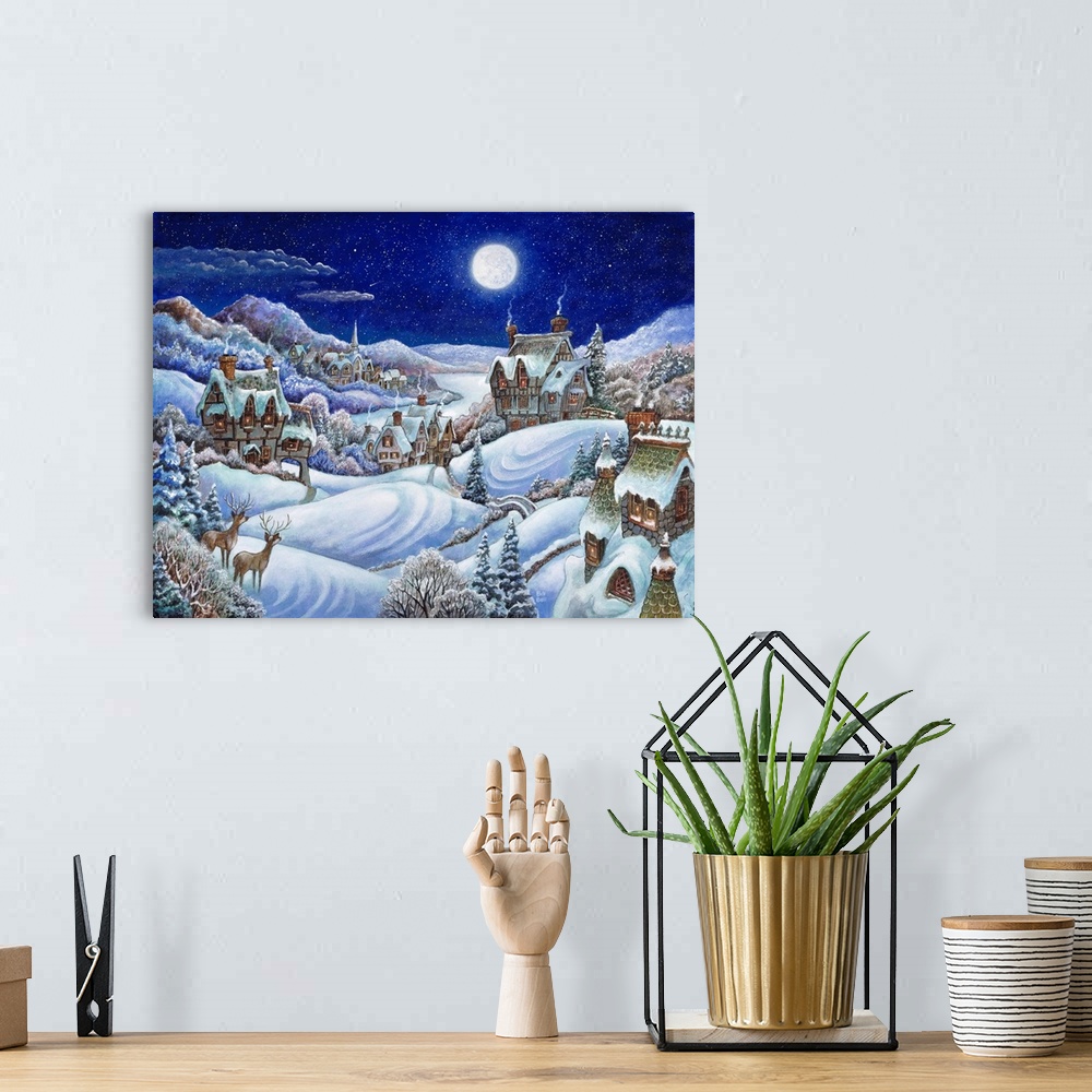 A bohemian room featuring A winter village with a full moon and two deer standing in the meadow.