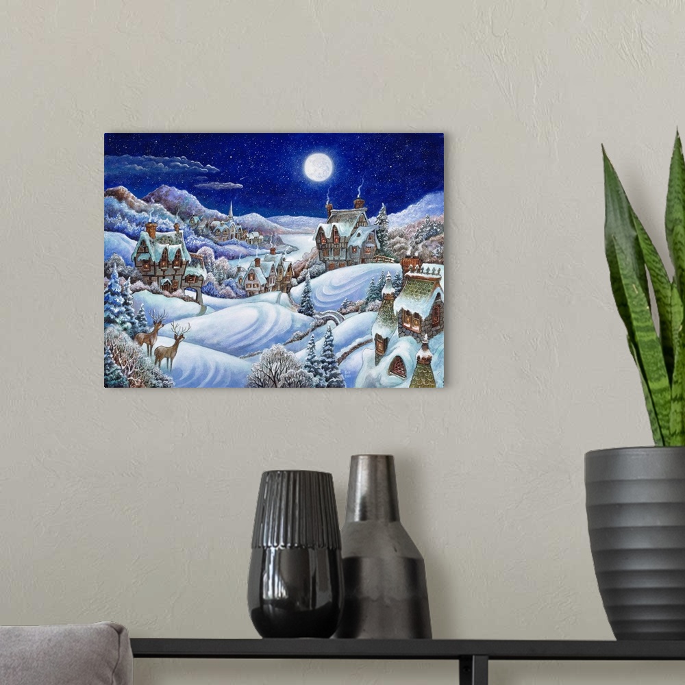 A modern room featuring A winter village with a full moon and two deer standing in the meadow.