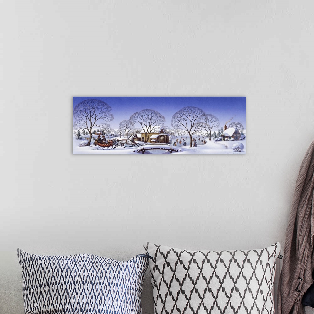 A bohemian room featuring Sleigh in the winter over a bridge.