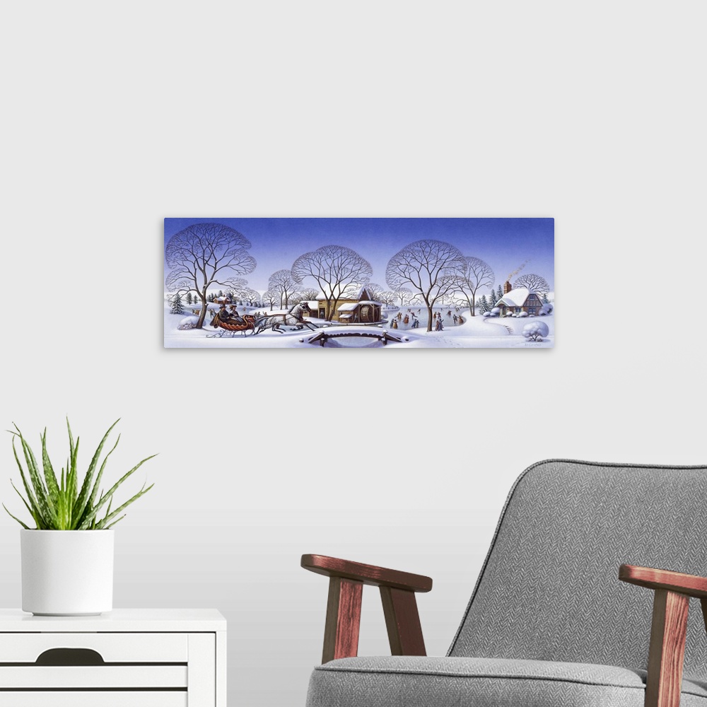 A modern room featuring Sleigh in the winter over a bridge.