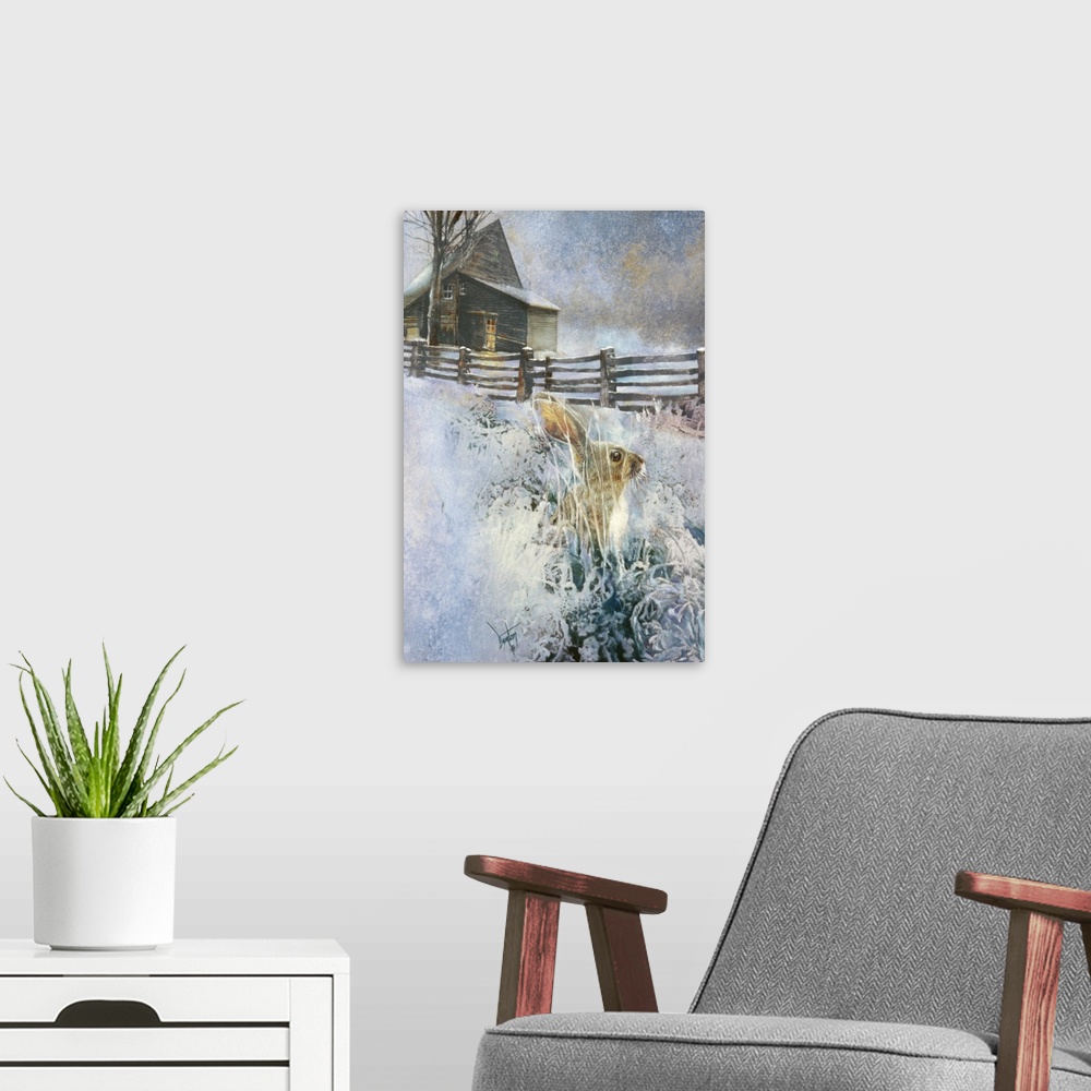 A modern room featuring A contemporary painting of a long eared wild rabbit seen in the snowy grass outside of a country ...