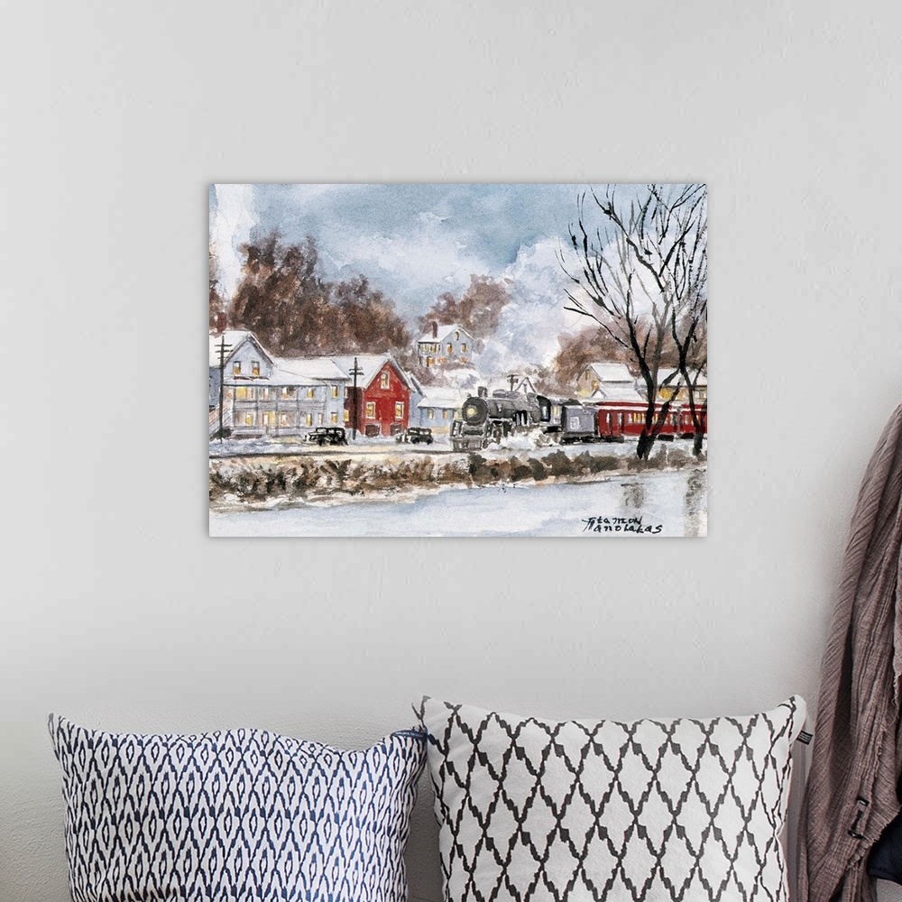 A bohemian room featuring A train passes through a rural village in winter.
