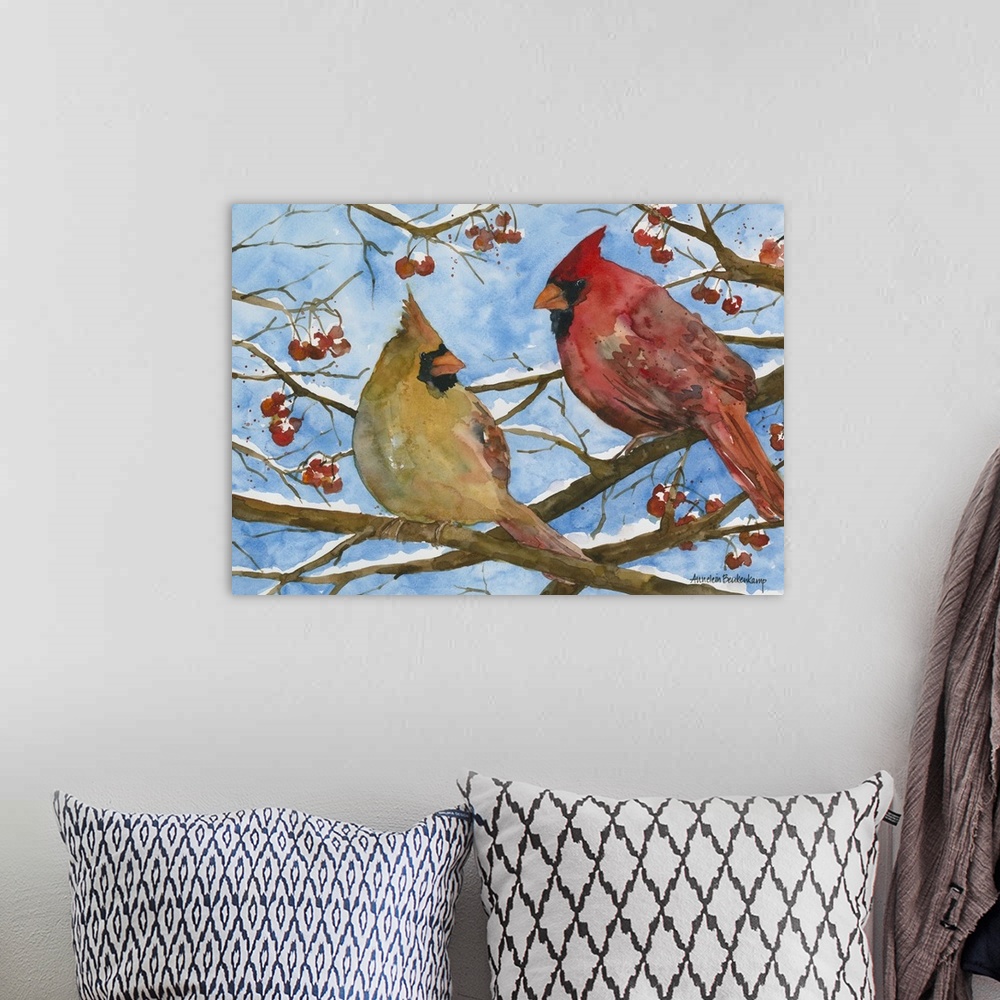 A bohemian room featuring Male and female cardinals in a tree.