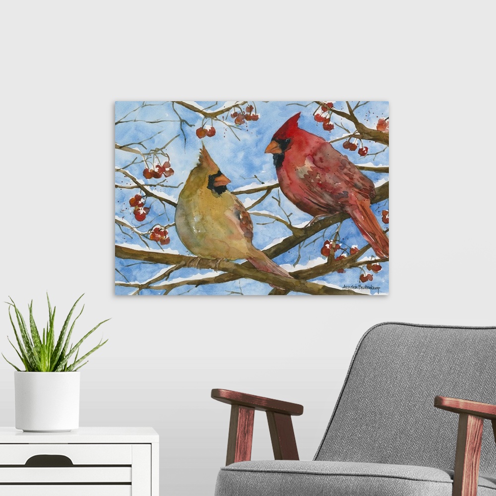 A modern room featuring Male and female cardinals in a tree.