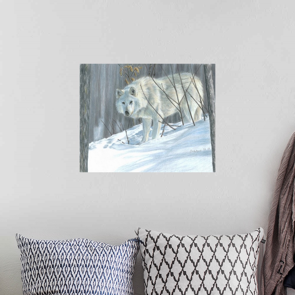 A bohemian room featuring Wolf portrait winter snow.
