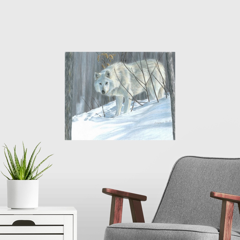 A modern room featuring Wolf portrait winter snow.