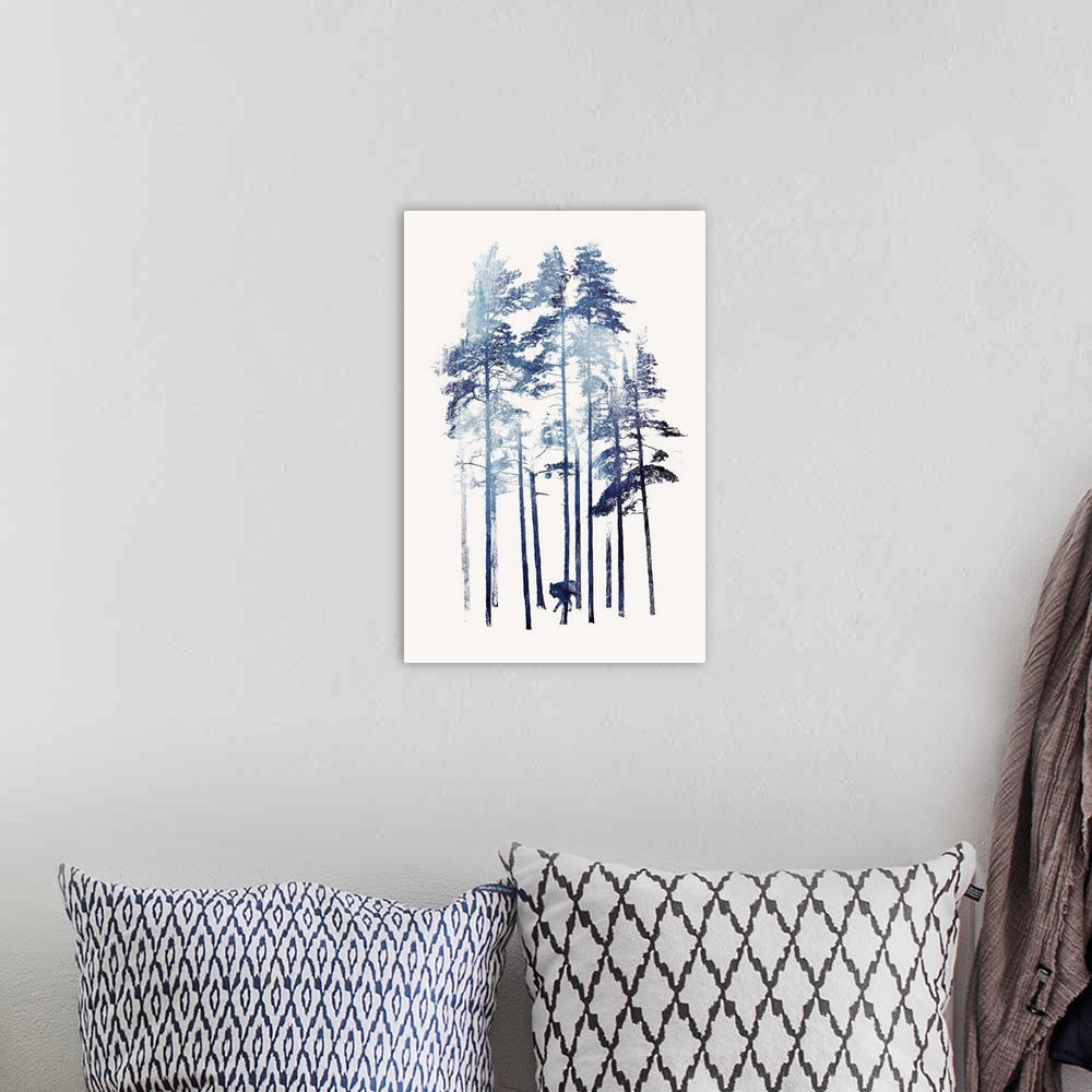 A bohemian room featuring Contemporary artwork of a wolf moving through a grove of tall trees.