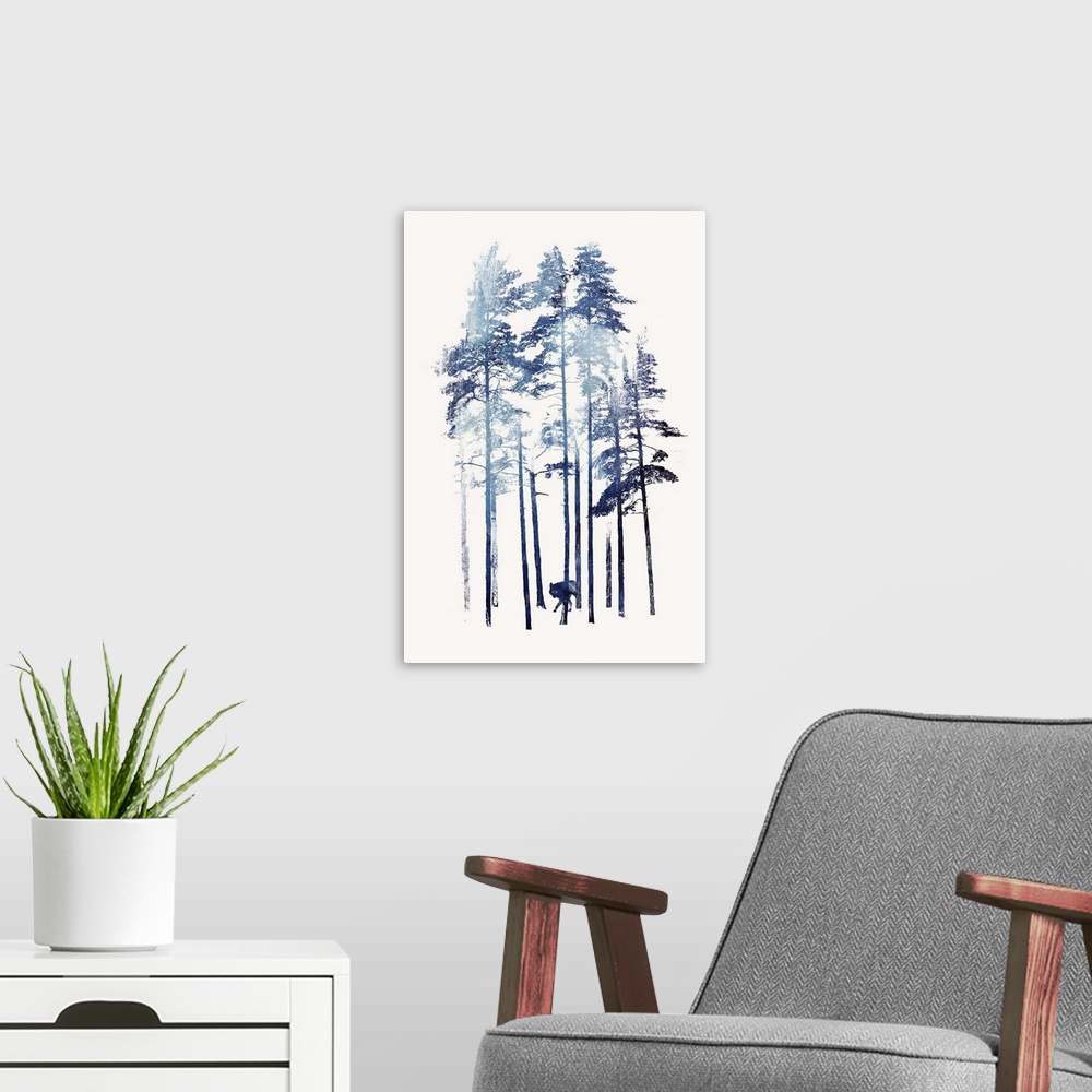 A modern room featuring Contemporary artwork of a wolf moving through a grove of tall trees.