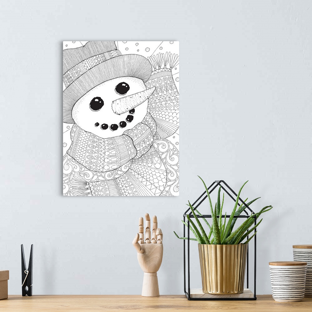 A bohemian room featuring Black and white line art of a snowman wearing an intricately designed scarf and top hat.