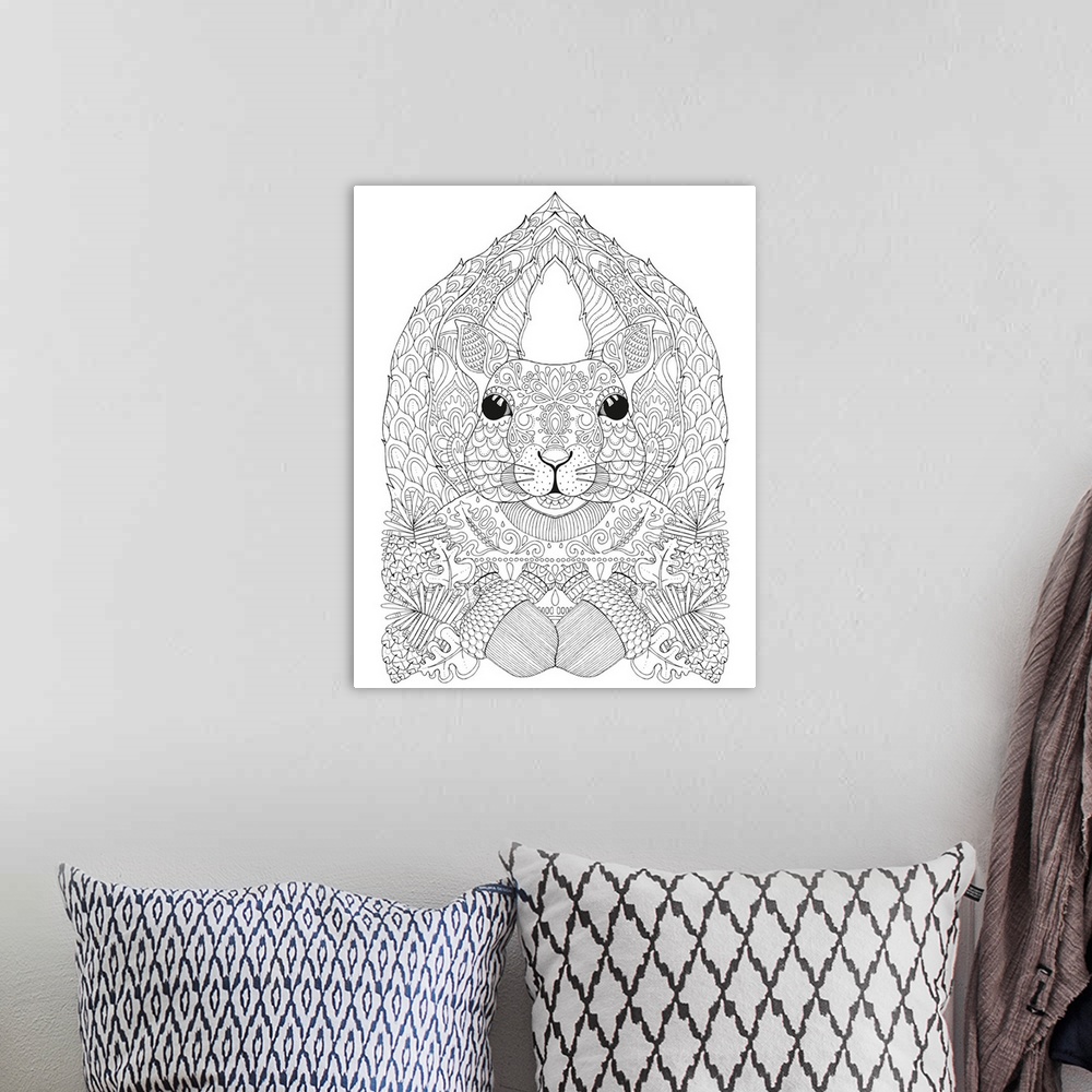A bohemian room featuring Black and white line art of an intricately designed squirrel wearing a Winter sweater and surroun...